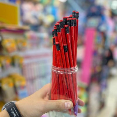 Red eraser pencil with black and simple shell خرید مداد قرمز پاکن دار