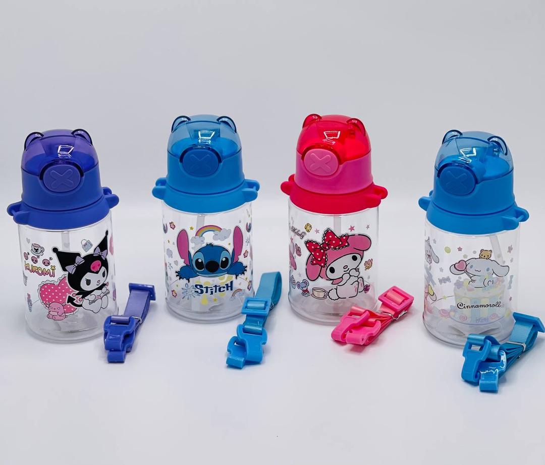 plastic water bottle with straw and strap